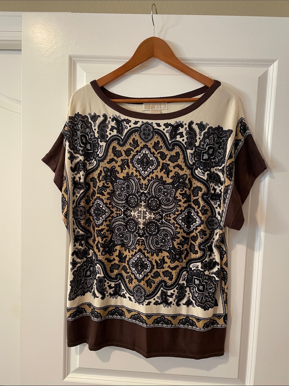 Michael Kors Cream, Brown and Black Paisley Short Sleeve Top